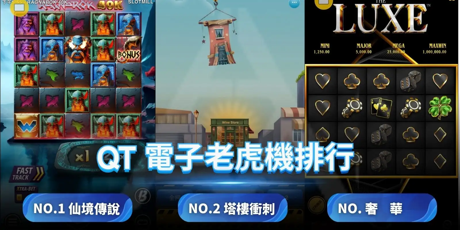 QT 電子三款人氣老虎機排行：仙境傳說、塔樓衝刺、奢華。